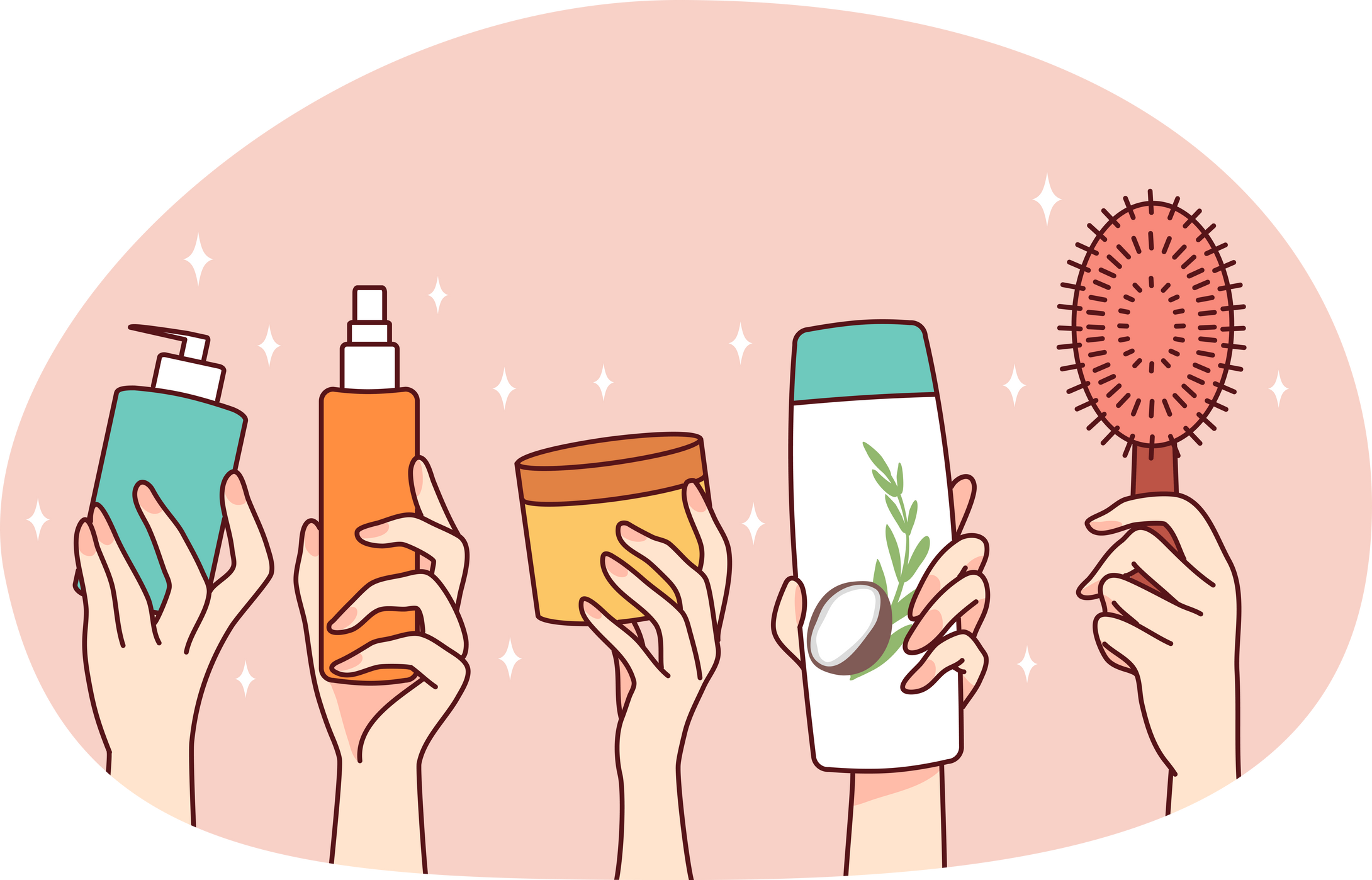 Hands holding diverse cosmetic bottle